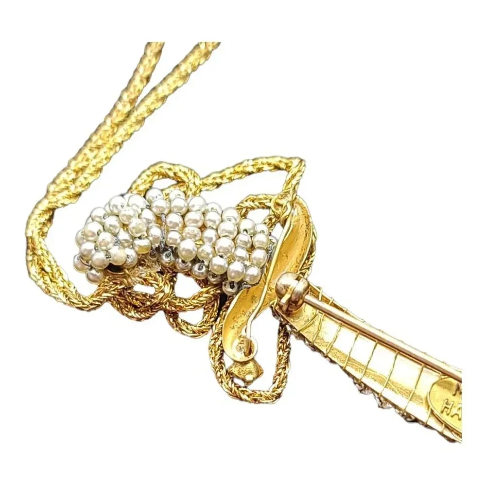 Miriam Haskell Seed Bead Pearl Clear Rhinestone Cutlass Sword Brooch